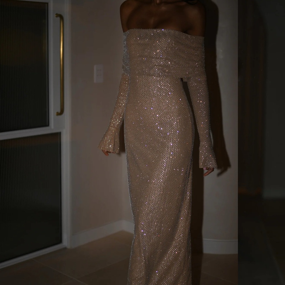 Marcel
Off Shoulder Diamante Maxi Dress - Nude